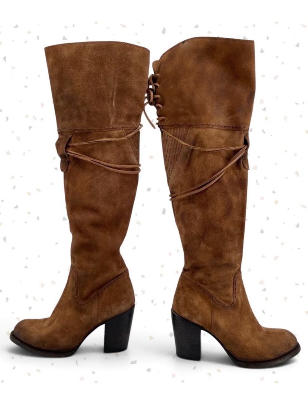 Freebird by Steven Brock Boots Brown Tan Suede Tall Heel Leather OTK Fall Boho 9